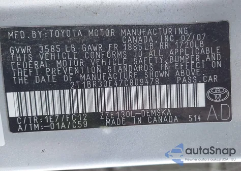 2007 Toyota Corolla S from USA, damaged, VIN 2T1BR30E47C809478